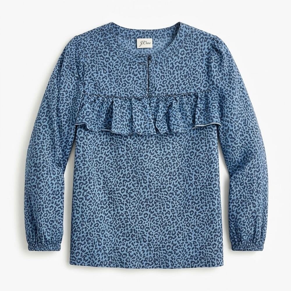 J CREW Cheetah Print Ruffle Top Blue Long Sleeves Woven Cotton Casual Womens XXS